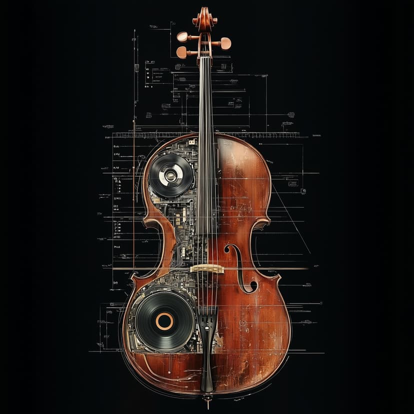 Prompt: "Ein Querschnitt durch ein Cello, der ein Tonbandgerät erkennen lässt, technische Zeichnung"